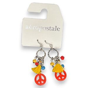 Aeropostale Bohemian Peace Sign Earrings, 3" Dangling Tassels, Yellow Beads, New